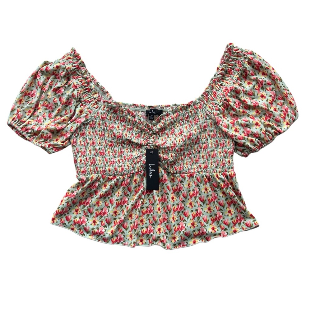 Lulus Womens XL Such A Flirt Sage Floral Smocked Peplum Short Sleeve Cropped Top